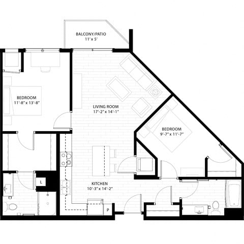 Floor plan for 2 beds, 2 baths, 1043 sqft